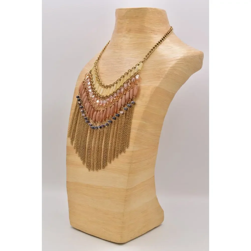 Vintage Fringe Statement Necklace Gold Peach Glass Beads Layered Boho Y2K BinBL